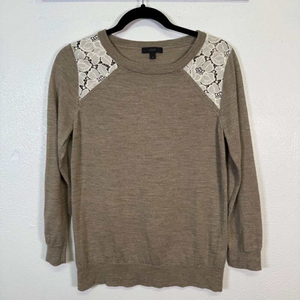 J. Crew Pullover Sweater Medium Tan Brown Merino Wool Preppy Work Classic